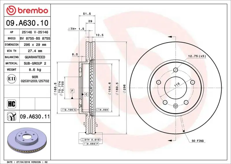 BREMBO 09.A630.10 Ön Fren Diski resmi