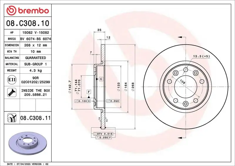 BREMBO 08.C308.11 Arka Fren Diski resmi