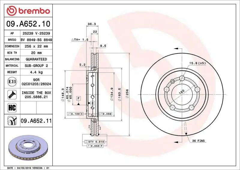 BREMBO 09.A652.11 Arka Fren Diski 8L061601 resmi