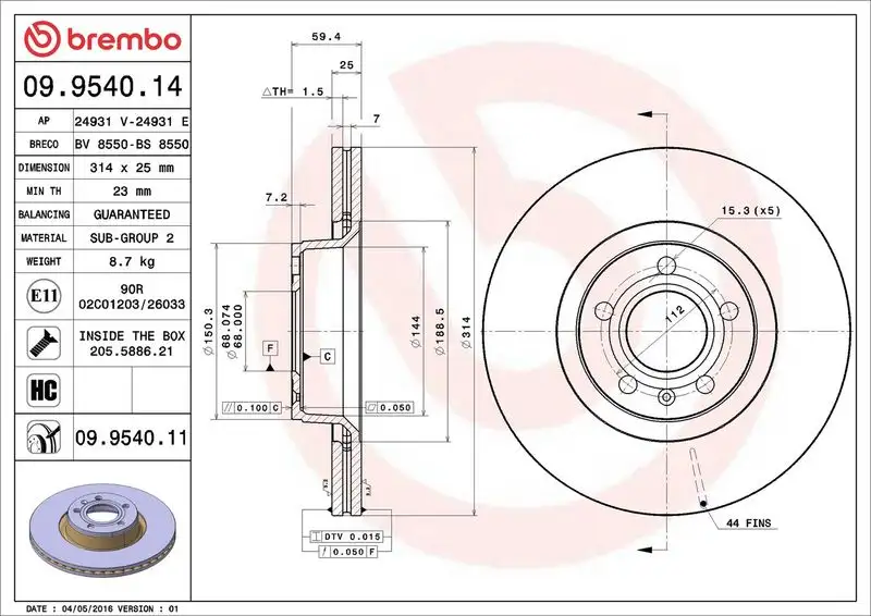 BREMBO 09.9540.11 Ön Fren Diski L4FD615301 resmi