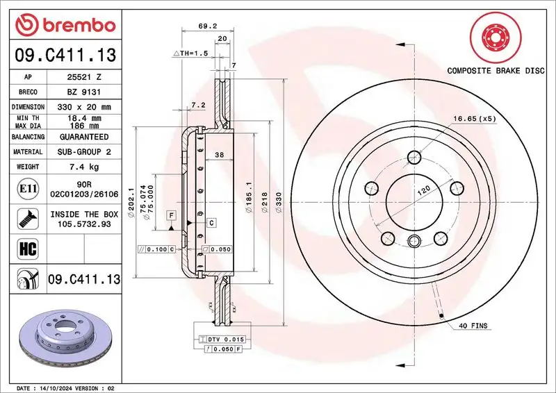 BREMBO 09.C411.13 Arka Fren Diski 34216898733 resmi