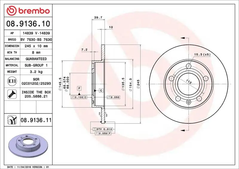 BREMBO 08.9136.10 Arka Fren Diski 8E0615601P resmi
