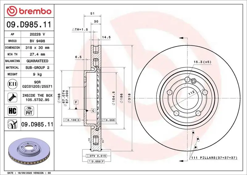 BREMBO 09.D985.11 Ön Fren Diski A2474210712 resmi