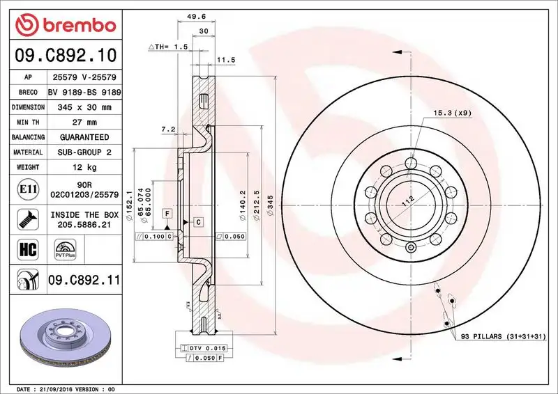 BREMBO 09.C892.11 Ön Fren Diski 1K0615301AR resmi