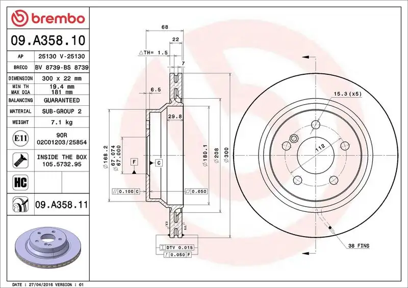 BREMBO 09.A358.11 Arka Fren Diski A0423091207 resmi