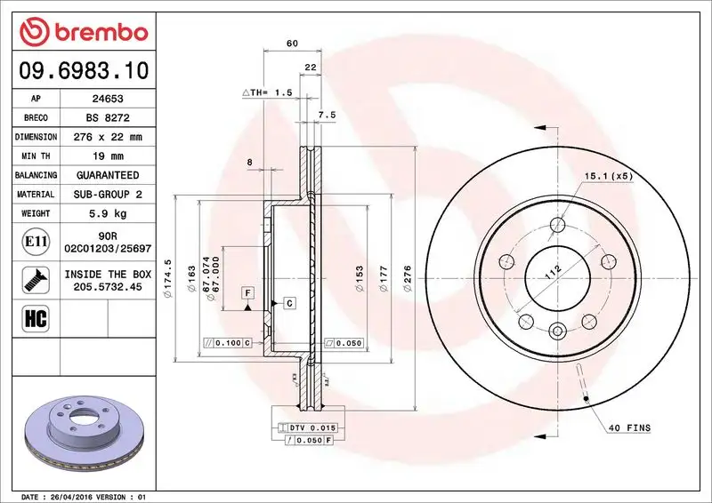 BREMBO 09.6983.10 Ön Fren Diski A6384210112 resmi