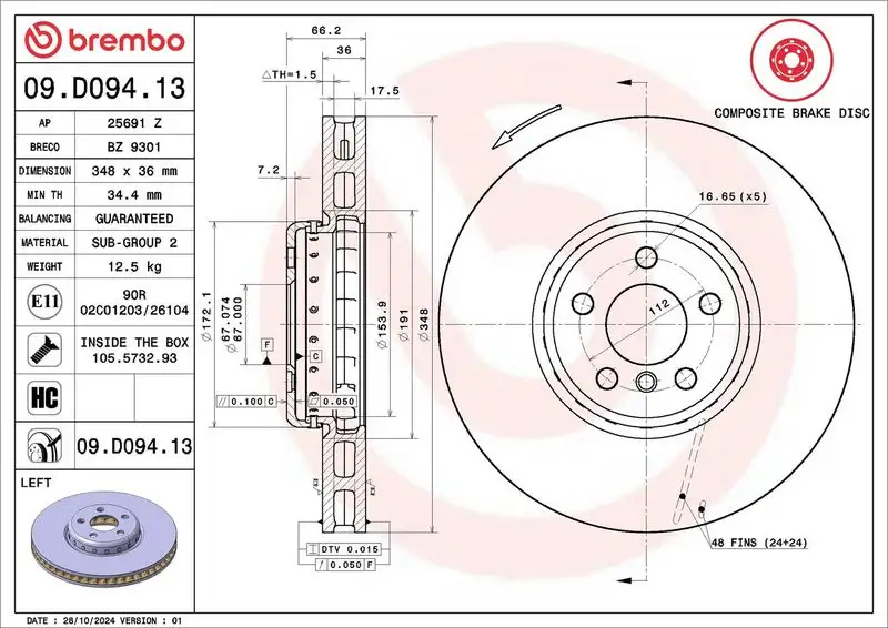 BREMBO 09.D094.13 Ön Fren Diski (Sol) resmi