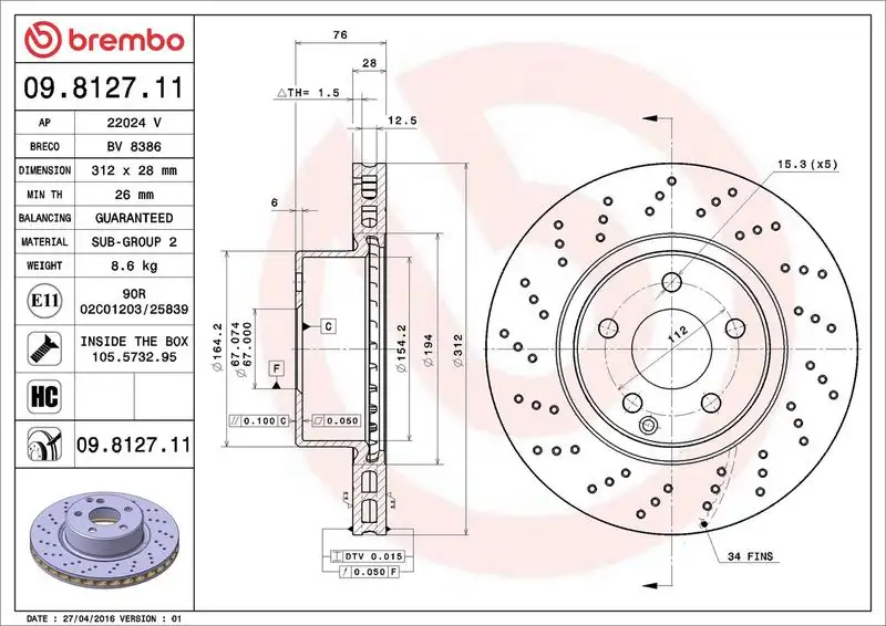 BREMBO 09.8127.11 Ön Fren Diski A2204210912 resmi