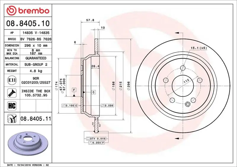 BREMBO 08.8405.10 Arka Fren Diski A6364230112 resmi