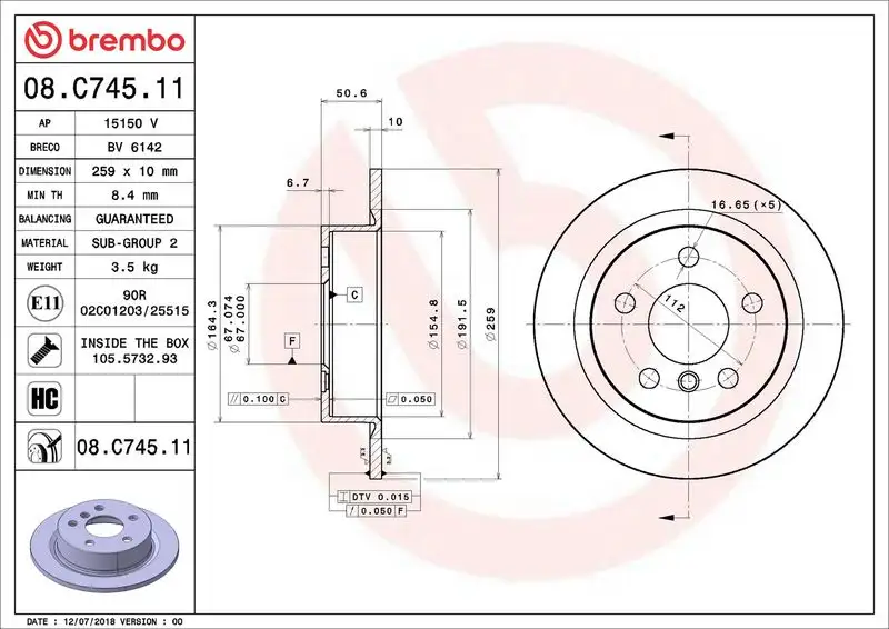 BREMBO 08.C745.11 Arka Fren Diski 34216799383 resmi