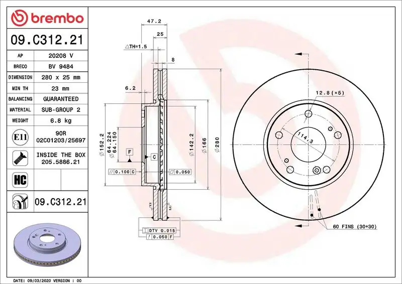 BREMBO 09.C312.21 Ön Fren Diski 45251TGLE01 resmi