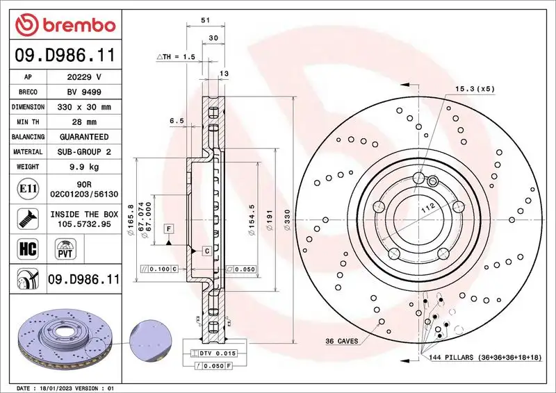 BREMBO 09.D986.11 Ön Fren Diski A2474212012 resmi