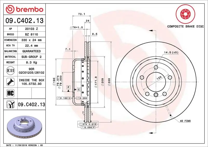 BREMBO 09.C402.13 Ön Fren Diski 34116794427 resmi