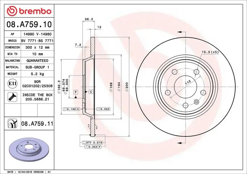 BREMBO 08.A759.10 Arka Fren Diski resmi