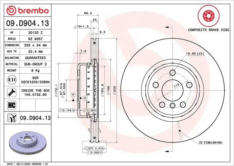 BREMBO 09.D904.13 Ön Fren Diski 43512WAA01 resmi
