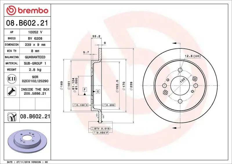 BREMBO 08.B602.21 Arka Fren Diski 42510T5B951 resmi