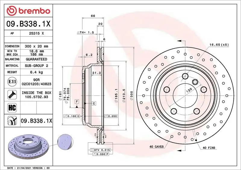 BREMBO 09.B338.1X Arka Fren Diski 34216797344 resmi