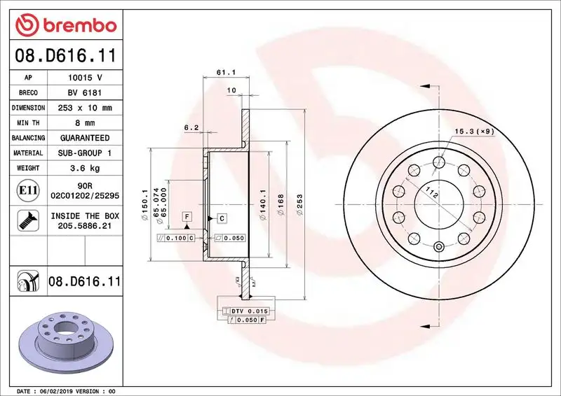 BREMBO 08.D616.11 Arka Fren Diski 5QD615601B resmi