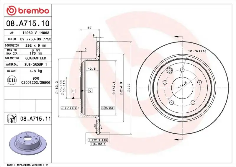 BREMBO 08.A715.11 Arka Fren Diski resmi