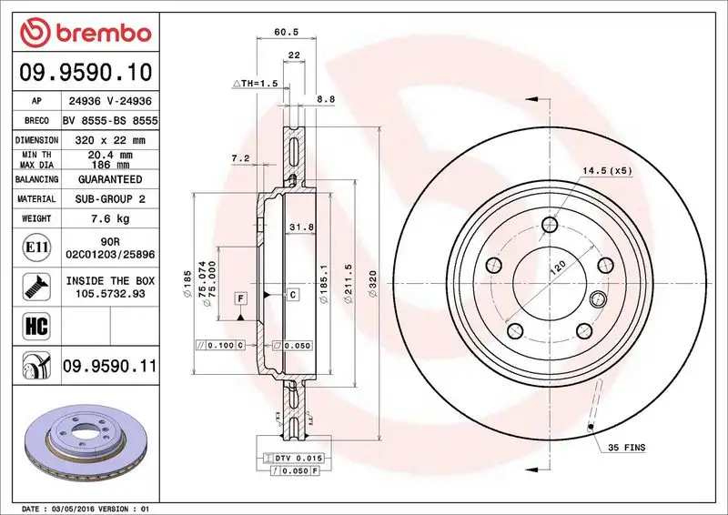 BREMBO 09.9590.11 Arka Fren Diski 34216855157 resmi