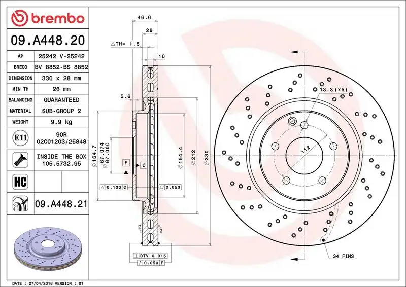 BREMBO 09.A448.21 Ön Fren Diski A2034211312 resmi