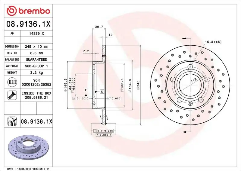 BREMBO 08.9136.1X Arka Fren Diski 8E0615601P resmi