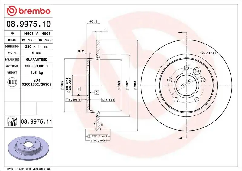 BREMBO 08.9975.11 Arka Fren Diski resmi