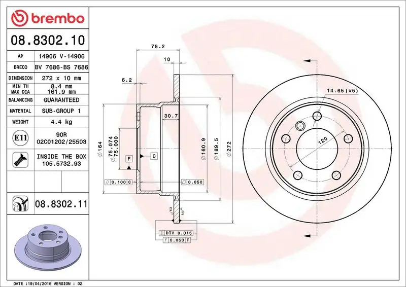 BREMBO 08.8302.11 Arka Fren Diski 34216758552 resmi