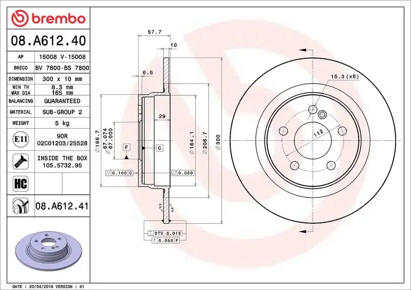 BREMBO 08.A612.41 Arka Fren Diski A2044230912 resmi