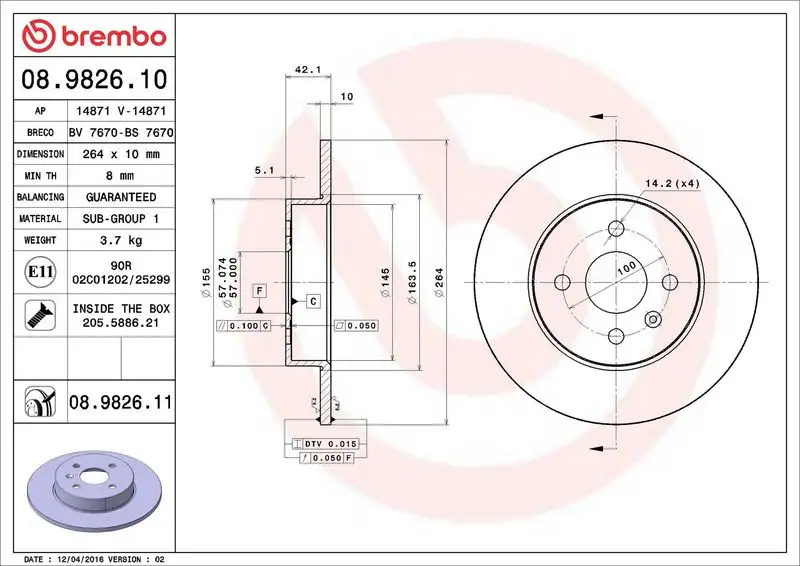 BREMBO 08.9826.10 Arka Fren Diski 93176548 resmi