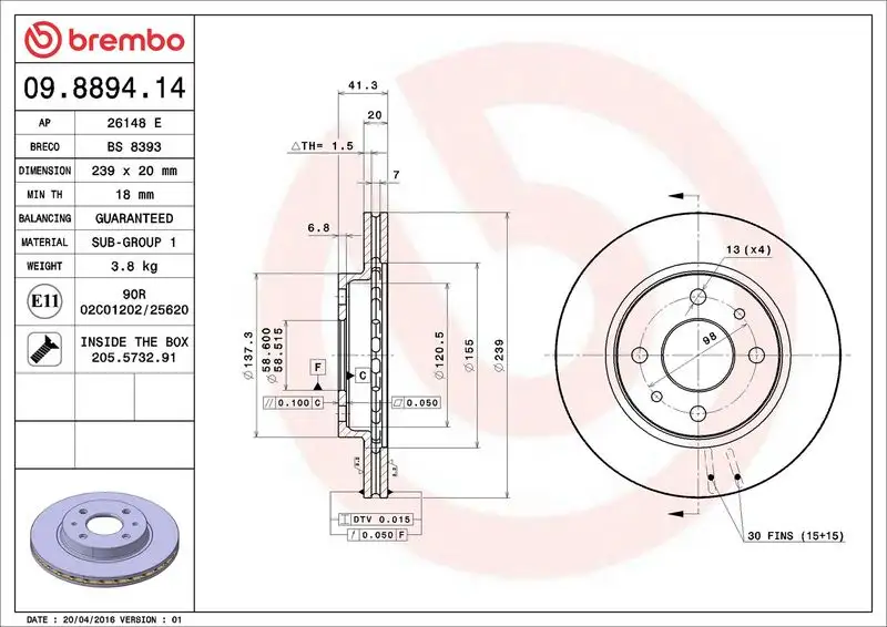 BREMBO 09.8894.14 Ön Fren Diski 21103501070 resmi