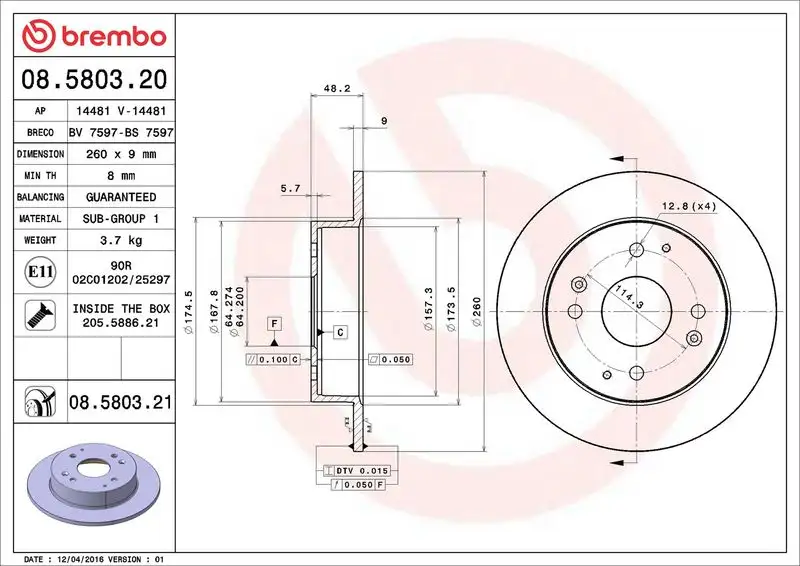 BREMBO 08.5803.21 Arka Fren Diski 42510S84A50 resmi
