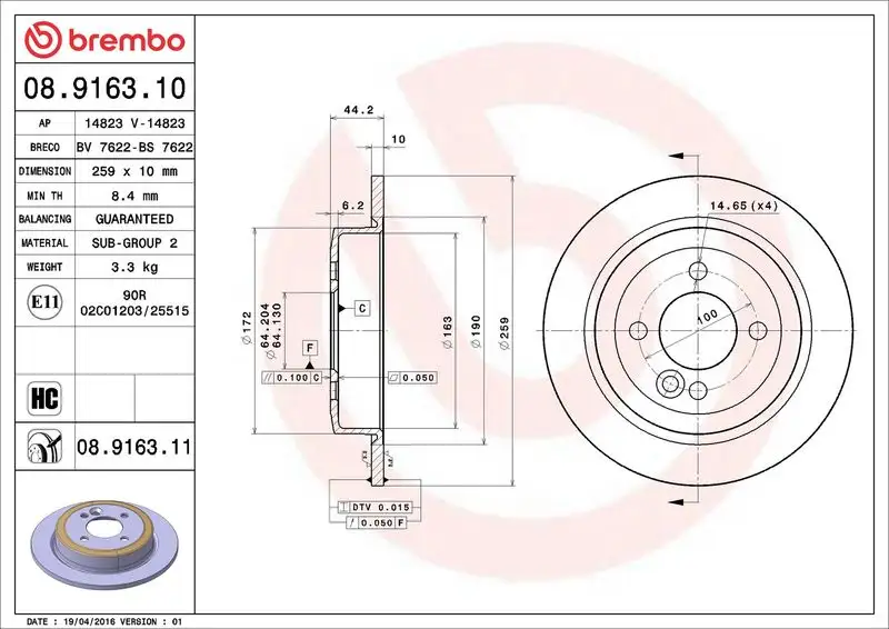 BREMBO 08.9163.10 Arka Fren Diski resmi