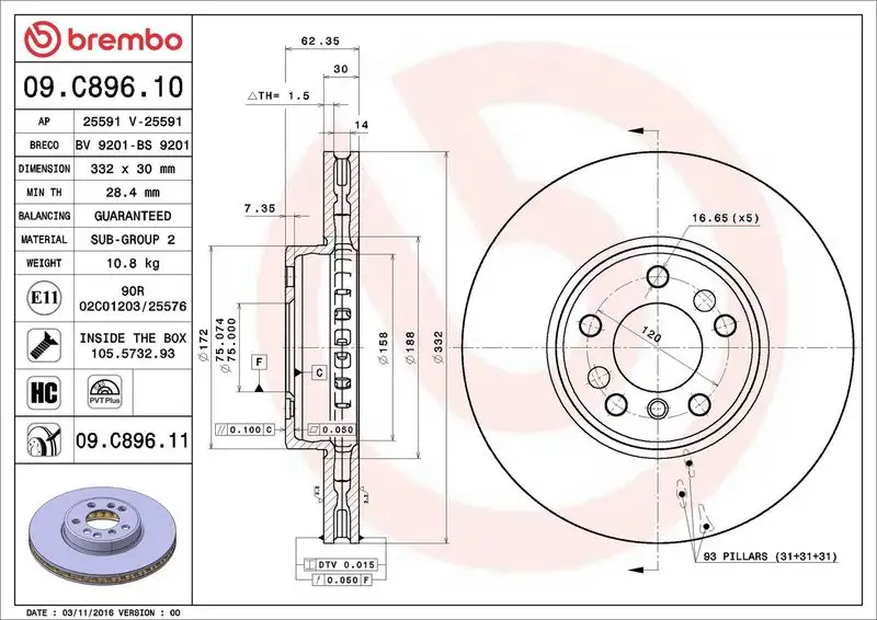 BREMBO 09.C896.11 Ön Fren Diski resmi