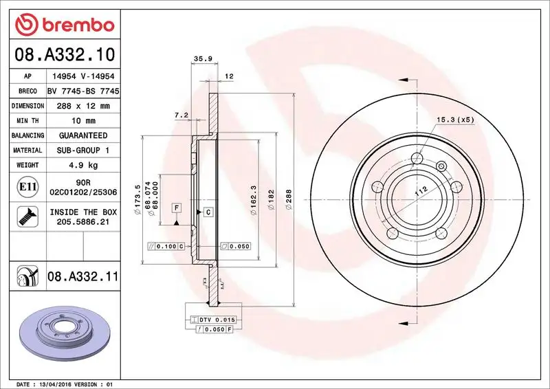 BREMBO 08.A332.11 Arka Fren Diski 8E0615601M resmi