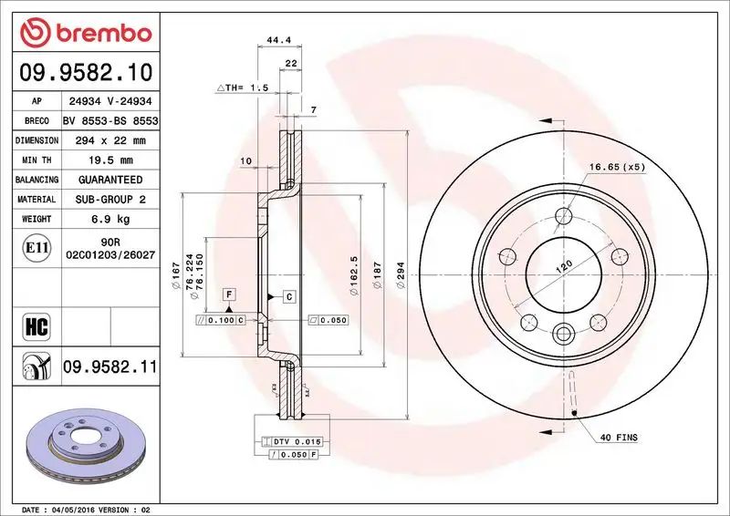 BREMBO 09.9582.10 Arka Fren Diski 7H0615601B resmi