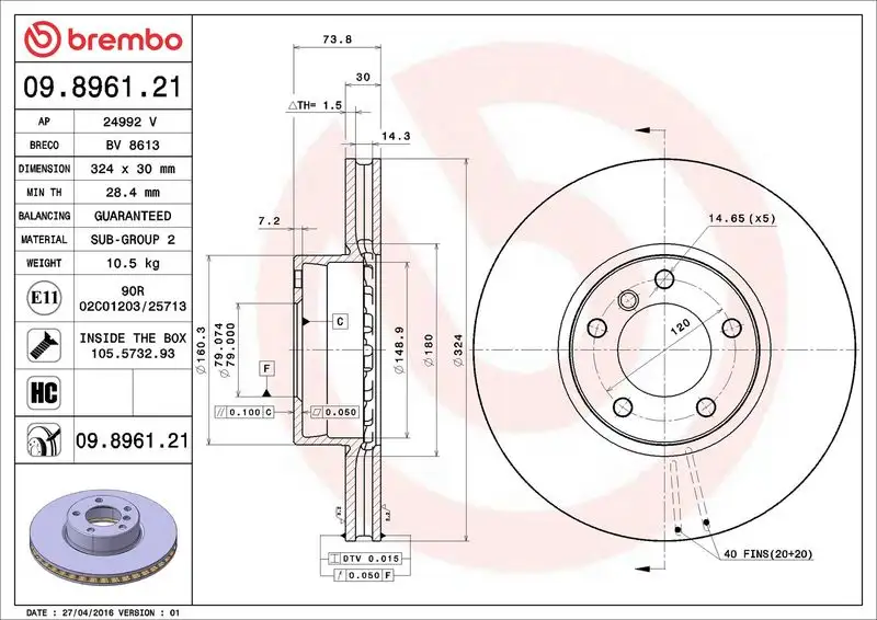 BREMBO 09.8961.21 Ön Fren Diski 34111165859 resmi