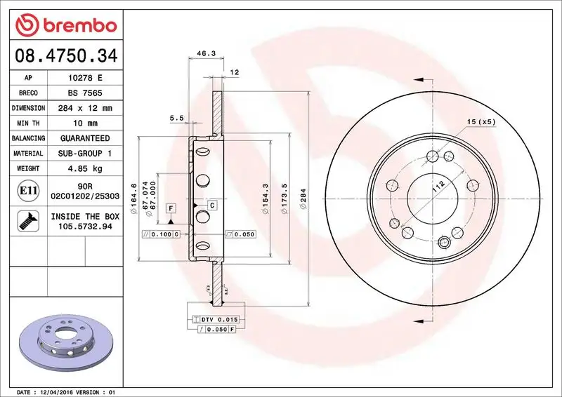 BREMBO 08.4750.34 Ön Fren Diski A1244211312 resmi