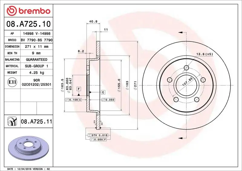 BREMBO 08.A725.10 Arka Fren Diski resmi