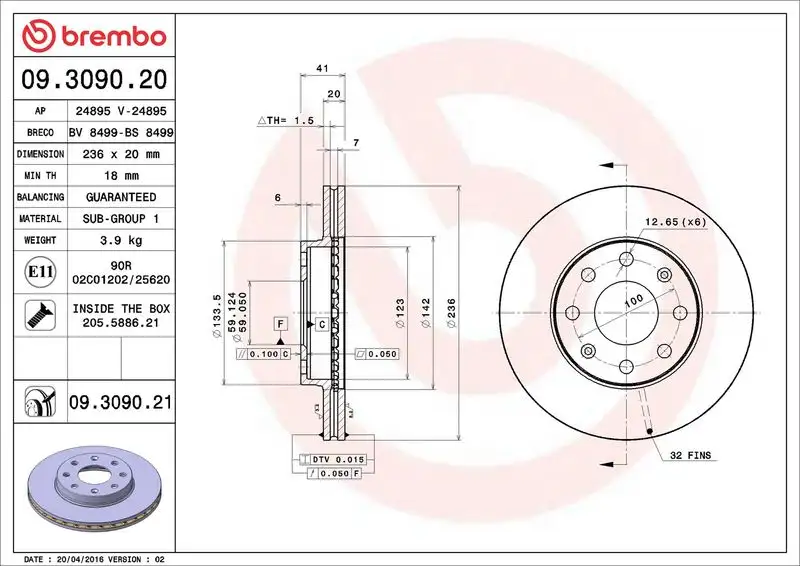 BREMBO 09.3090.20 Ön Fren Diski resmi