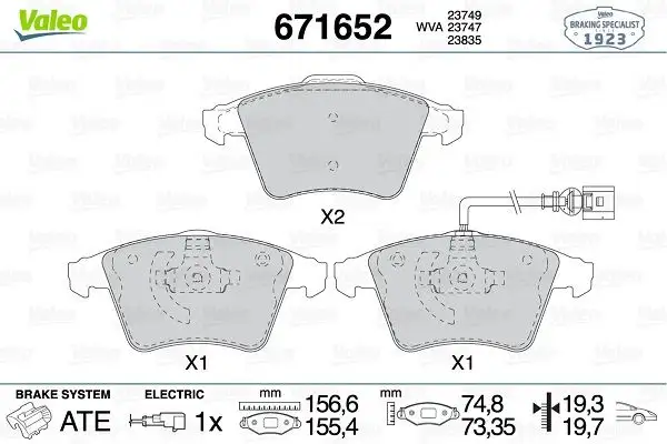 VALEO 671652 Ön Fren Balatası 7L6698151F resmi