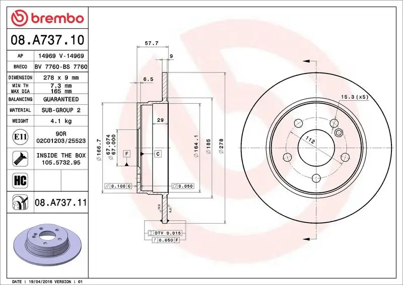 BREMBO 08.A737.11 Arka Fren Diski A2044230512 resmi