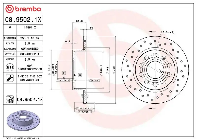 BREMBO 08.9502.1X Arka Fren Diski resmi