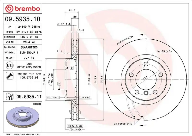 BREMBO 09.5935.11 Ön Fren Diski (Sağ) 34112227738 resmi