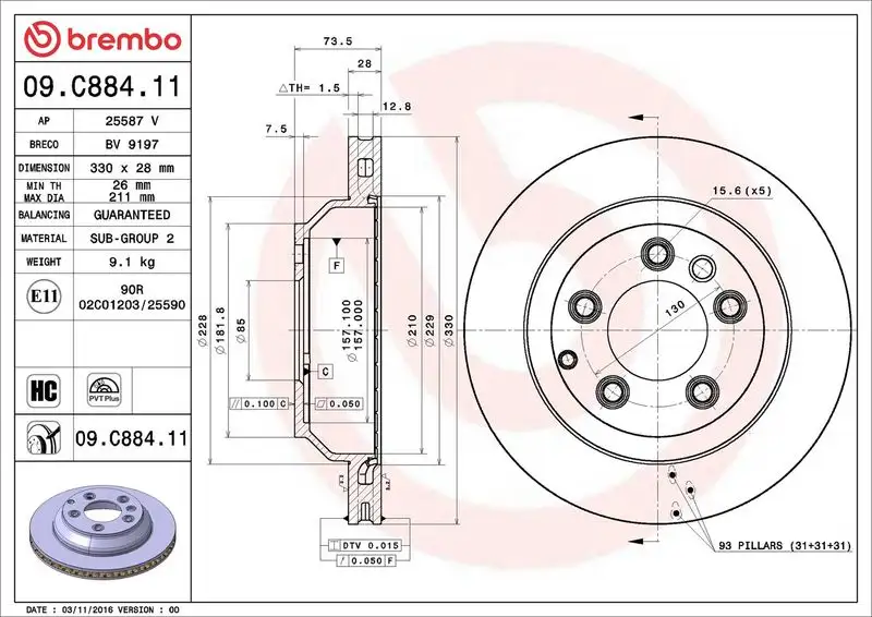 BREMBO 09.C884.11 Arka Fren Diski resmi