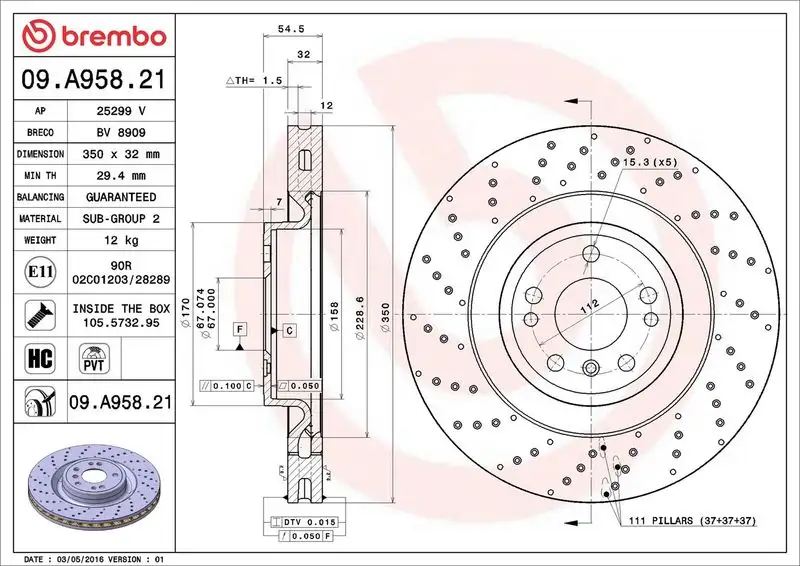 BREMBO 09.A958.21 Ön Fren Diski A1664211012 resmi