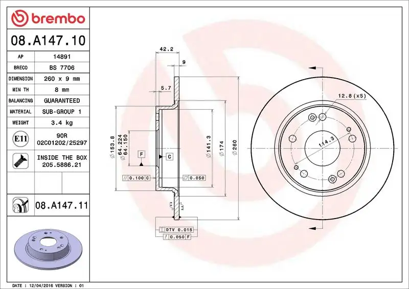 BREMBO 08.A147.10 Arka Fren Diski resmi
