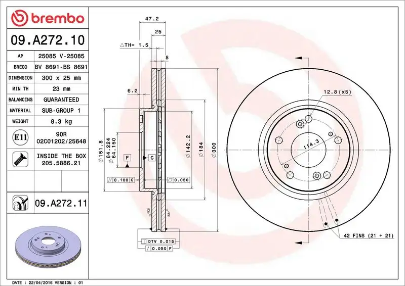 BREMBO 09.A272.11 Ön Fren Diski 45251SEAE30 resmi