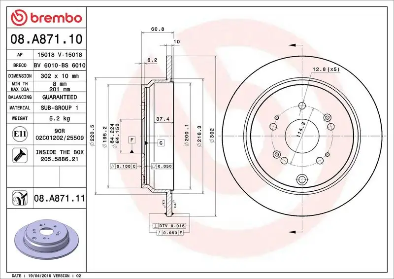 BREMBO 08.A871.10 Arka Fren Diski 42510T1GG00 resmi