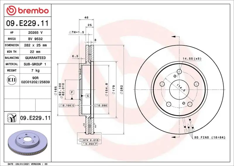 BREMBO 09.E229.11 Ön Fren Diski T435120239 resmi